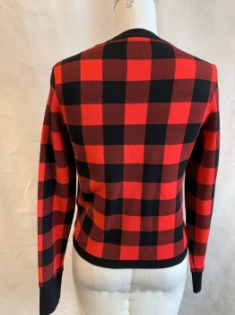 SANDRO, Red, Black, Synthetic, Plaid, Thick, Buffalo Plaid, Black Ribbed Knit Crew Neck/Waistband/Cuff, Size 2 Label Inside