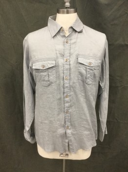 SAKS FIFTH AVE, Gray, Linen, Solid, Button Front, Collar Attached, Long Sleeves, 2 Flap Pockets, Button Cuff