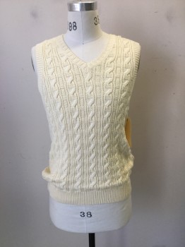 Mens, Sweater Vest, BROOKS BROTHERS, Cream, Cotton, Cable Knit, M, V-neck, Pullover,
