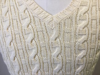 Mens, Sweater Vest, BROOKS BROTHERS, Cream, Cotton, Cable Knit, M, V-neck, Pullover,