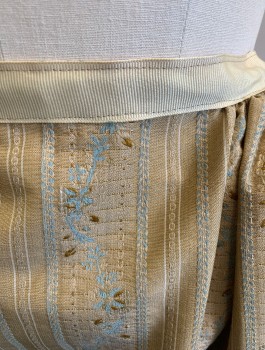 N/L MTO, Champagne, Beige, Slate Blue, Polyester, Floral, Stripes - Vertical , Brocade, with 1" Wide Beige Grosgrain Waistband, Gathered at Sides and Back, Floor Length, Snap Closures in Back, Made To Order Reproduction