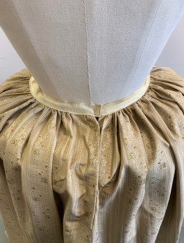 Womens, Historical Fiction Skirt, N/L MTO, Champagne, Beige, Slate Blue, Polyester, Floral, Stripes - Vertical , W:27, Brocade, with 1" Wide Beige Grosgrain Waistband, Gathered at Sides and Back, Floor Length, Snap Closures in Back, Made To Order Reproduction