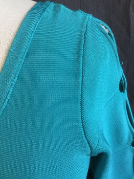 Womens, Cocktail Dress, MARCIANO, Teal Green, Polyester, Spandex, Solid, M, Self Ribbed, Curved Neck Line W/1 Shoulder, Cut-out Self Rope Lacing on  Long Sleeves, and Same Side Skirt, Side Zipper