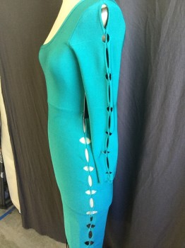 MARCIANO, Teal Green, Polyester, Spandex, Solid, Self Ribbed, Curved Neck Line W/1 Shoulder, Cut-out Self Rope Lacing on  Long Sleeves, and Same Side Skirt, Side Zipper
