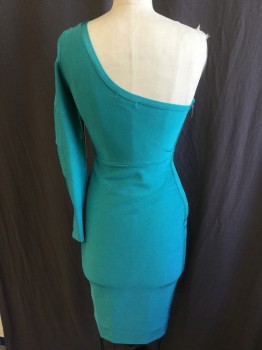 Womens, Cocktail Dress, MARCIANO, Teal Green, Polyester, Spandex, Solid, M, Self Ribbed, Curved Neck Line W/1 Shoulder, Cut-out Self Rope Lacing on  Long Sleeves, and Same Side Skirt, Side Zipper