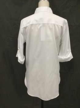 CALVIN KLEIN, White, Cotton, Solid, Gold Button Front, Collar Attached, Tab Button Roll Up Sleeve, Hem Longer in Back