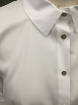 CALVIN KLEIN, White, Cotton, Solid, Gold Button Front, Collar Attached, Tab Button Roll Up Sleeve, Hem Longer in Back