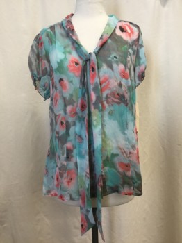 NEW DIRECTIONS, Aqua Blue, Pink, Salmon Pink, Green, Gray, Polyester, Abstract , Floral, Button Front, Scoop Neck with Self Tie, Short Sleeves