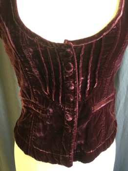 SASHIMI, Red Burgundy, Polyester, Rayon, Solid, Velvet, Scoop Neck, 1.5" Straps, Pleat Yoke Front & Back, 6 Self Cover Button Front, 2 Pockets,