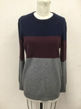 EQUIPMENT, Navy Blue, Maroon Red, Heather Gray, Cashmere, Color Blocking, Crew Neck, Ribbed Knit Neck/Waistband/Cuff