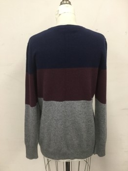 EQUIPMENT, Navy Blue, Maroon Red, Heather Gray, Cashmere, Color Blocking, Crew Neck, Ribbed Knit Neck/Waistband/Cuff
