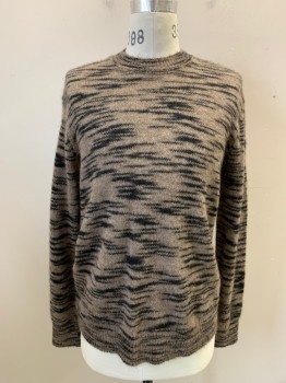 Mens, Pullover Sweater, ALL SAINTS, Lt Brown, Black, Wool, Alpaca, Stripes - Static , Heathered, S, Ribbed Knit Crew Neck, Long Sleeves, Ribbed Knit Cuff/Waistband