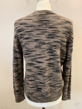 ALL SAINTS, Lt Brown, Black, Wool, Alpaca, Stripes - Static , Heathered, Ribbed Knit Crew Neck, Long Sleeves, Ribbed Knit Cuff/Waistband