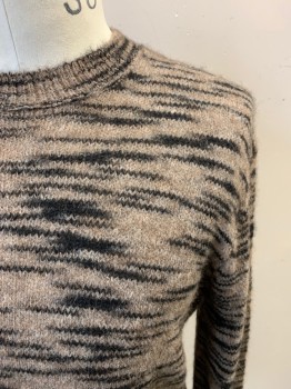 ALL SAINTS, Lt Brown, Black, Wool, Alpaca, Stripes - Static , Heathered, Ribbed Knit Crew Neck, Long Sleeves, Ribbed Knit Cuff/Waistband