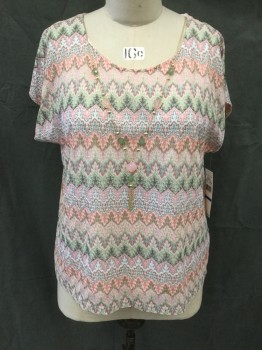 Womens, Top, ALFRED DUNNER, Peach Orange, Pink, White, Olive Green, Lt Olive Grn, Polyester, Stripes, 2XL, Crochet Knit Wavy Stripes, Scoop Neck, Short Sleeves, Attached Gold Necklace with Green and Pink Stones