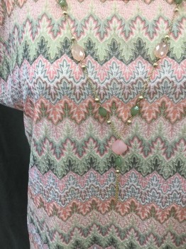 ALFRED DUNNER, Peach Orange, Pink, White, Olive Green, Lt Olive Grn, Polyester, Stripes, Crochet Knit Wavy Stripes, Scoop Neck, Short Sleeves, Attached Gold Necklace with Green and Pink Stones