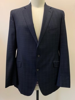 Mens, Suit, Jacket, TED BAKER, Navy Blue, Wool, Polyester, Plaid, 43/35, 46XL, 2 Buttons, Single Breasted, Notched Lapel, 3 Pockets