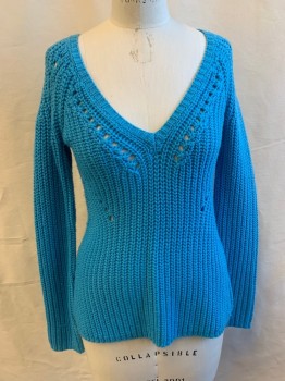 Womens, Pullover, CALYPSO, Turquoise Blue, Wool, Solid, S, Long Sleeves, V-neck, Crochet