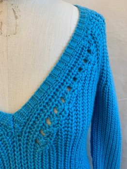 Womens, Pullover, CALYPSO, Turquoise Blue, Wool, Solid, S, Long Sleeves, V-neck, Crochet