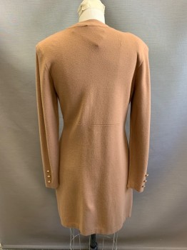 L' AGENCE, Camel Brown, Rayon, Nylon, Knit, V-neck, Single Breasted, Button Front, Gold Buttons, 2 Pockets, Long-Line