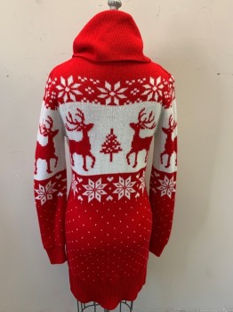 Womens, Dress, Long & 3/4 Sleeve, V28, Red, White, Acrylic, Holiday, B: 30, XS, W:26, Sweater Dress, Long Sleeves, Cowl Neck, Christmas Themed, Reindeers, Snowflakes, V Specks