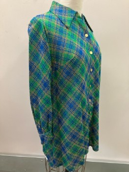 NL, Green Blue & Gold Metallic Plaid, L/S, B.F. Placket, C.A., Pullover, Above Knee Length