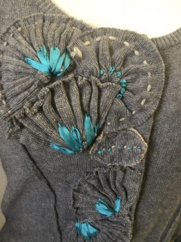 Womens, Cardigan Sweater, SPARROW, Taupe, Viscose, Nylon, Heathered, S, Back Side Knit, Scoop Neck, Snap Front, Self Fan Appliques with Turquoise Ribbon Detail, L/S