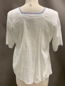 Womens, Blouse, GYPSY ROSE, White, Blue, Silver, Cotton, Solid, Geometric, L, Square Neckline, S/S, Embroidery Along Neck with Tassel, Squiggles On Front, Empire
