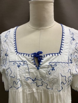 Womens, Blouse, GYPSY ROSE, White, Blue, Silver, Cotton, Solid, Geometric, L, Square Neckline, S/S, Embroidery Along Neck with Tassel, Squiggles On Front, Empire