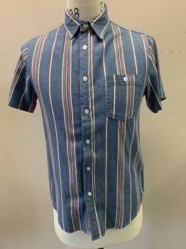 Mens, Casual Shirt, EIGHTY 8, Denim Blue, Peach Orange, White, Cotton, Stripes, S, Collar Attached, Button Front, Short Sleeves, 1 Pocket