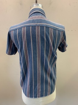 Mens, Casual Shirt, EIGHTY 8, Denim Blue, Peach Orange, White, Cotton, Stripes, S, Collar Attached, Button Front, Short Sleeves, 1 Pocket
