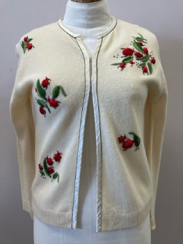 N/L, Cream, Green, Red, Animal Print, V Neck, Hook And Eye Closure, Embroiderred Detail, L/S, Knit