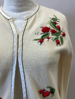 N/L, Cream, Green, Red, Animal Print, V Neck, Hook And Eye Closure, Embroiderred Detail, L/S, Knit
