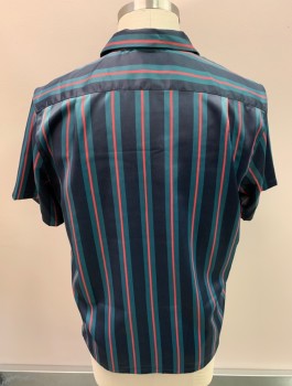 Mens, Casual Shirt, URBAN OUTFITTERS, Dk Green, Multi-color, Polyester, Spandex, Stripes, L, C.A., Button Front, S/S, 1 Pocket, Hot Pink, Midnight Blue Stripes