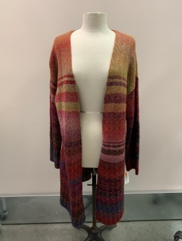 Womens, Sweater, STYLE & CO, Maroon Red, Multi-color, Acrylic, Rayon, Stripes, Geometric, M, Open Front, Orange, Light Green, Pink, Black