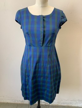 Womens, Dress, Short Sleeve, DEBRA MCGUIRE, Royal Blue, Olive Green, Teal Blue, Cotton, Plaid, W:28, B:34, Cap Sleeves, Scoop Neck, Covered/Hidden Button Placket at Front Bust, A-Line Fit and Flare Shape, Knee Length, Made To Order Retro