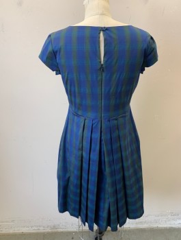 Womens, Dress, Short Sleeve, DEBRA MCGUIRE, Royal Blue, Olive Green, Teal Blue, Cotton, Plaid, W:28, B:34, Cap Sleeves, Scoop Neck, Covered/Hidden Button Placket at Front Bust, A-Line Fit and Flare Shape, Knee Length, Made To Order Retro