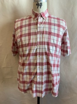 CHRISTIAN DIOR, Red, Off White, Navy Blue, Cotton, Polyester, Plaid, Button Down Collar, Button Front, Short Sleeves, 1 Pocket