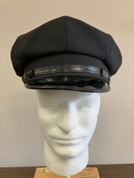 Unisex, Fire/Police Hat, NO LABEL, Black, Wool, Solid, 7 3/4, 8 Point Police Cap, Front Bill