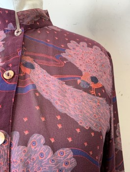 Womens, Blouse, N/L, Red Burgundy, Multi-color, Polyester, Animals, B42, Nehru Collar, Button Front, L/S, Red and Gray Peacocks