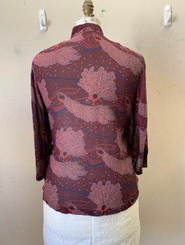 N/L, Red Burgundy, Multi-color, Polyester, Animals, Nehru Collar, Button Front, L/S, Red and Gray Peacocks