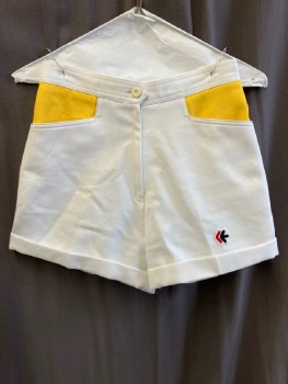 ROLLY GO, White, Polyester, High Waist, Top Pckts, Zip Front, Yellow On Inner Pckts, Cuffed