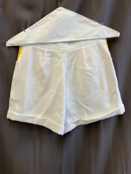 ROLLY GO, White, Polyester, High Waist, Top Pckts, Zip Front, Yellow On Inner Pckts, Cuffed