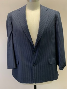 GEOFFREY BEENE, Navy Blue, Polyester, Rayon, Stripes, Notched Lapel, 2 Button Single Breasted, 3 Pockets, Double Vent
