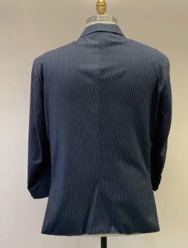 GEOFFREY BEENE, Navy Blue, Polyester, Rayon, Stripes, Notched Lapel, 2 Button Single Breasted, 3 Pockets, Double Vent