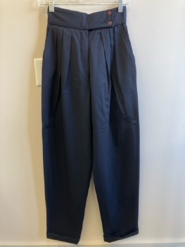 CALVIN KLEIN, Navy Blue, Wool, Solid, Pleated Front, Zip Front, 2 Pckts, Cuffed