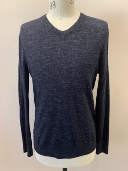 Mens, Pullover Sweater, VINCE, Midnight Blue, Wool, Linen, Heathered, M, V-N, 1 Pckt,