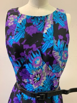 PLENTY, Purple, Blue, Black, Gray, Polyester, Floral, Sleeveless, Round Neck, Pleated Bottom, Back Zipper,, With Black Belt