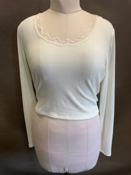 SOCIALITE, White, Polyester, Spandex, Scoop Neck, Lace Trim, L/S, Ribbed