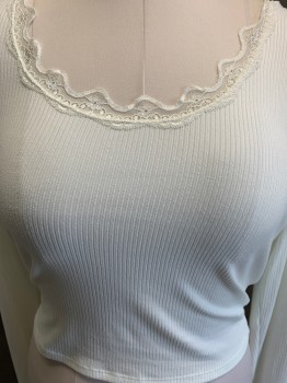 Womens, Top, SOCIALITE, White, Polyester, Spandex, L, Scoop Neck, Lace Trim, L/S, Ribbed